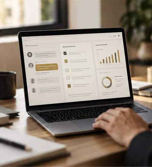 Pessoa trabalha em uma interface ilustrativa de atendimento, tarefas e análise
