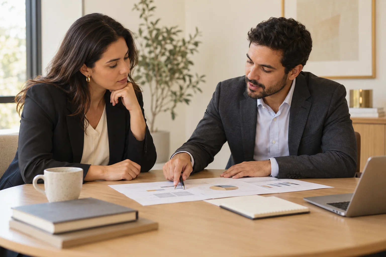 Profissional apresenta uma solução em uma conversa comercial consultiva